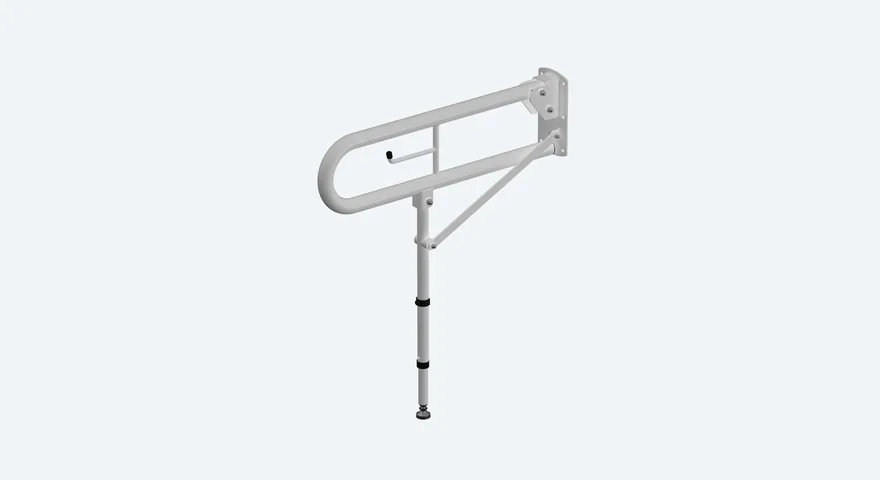 White drop-down hinged grab rail with support leg and integrated toilet roll holder